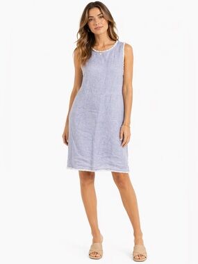 French Curve 100% Linen Size Medium Sleeveless Blue Dress with Trim Details